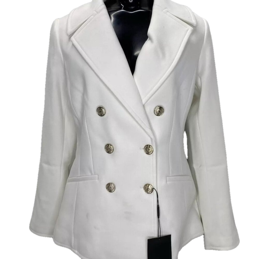 NEW WHBM  Pea Coat Ecru White Size S Mid Length Double Breasted Notch Lapel